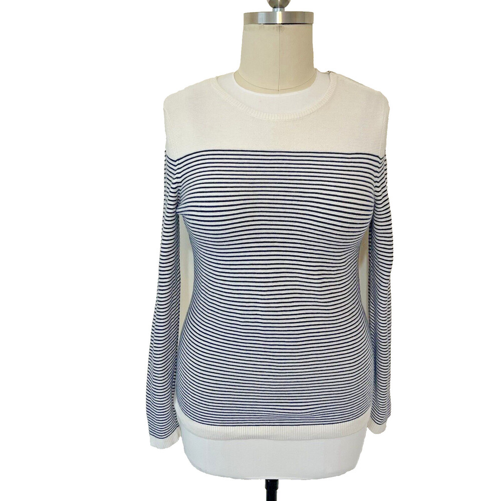 Talbots - White, Navy Zip Shoulder Long Sleeve Sweater L